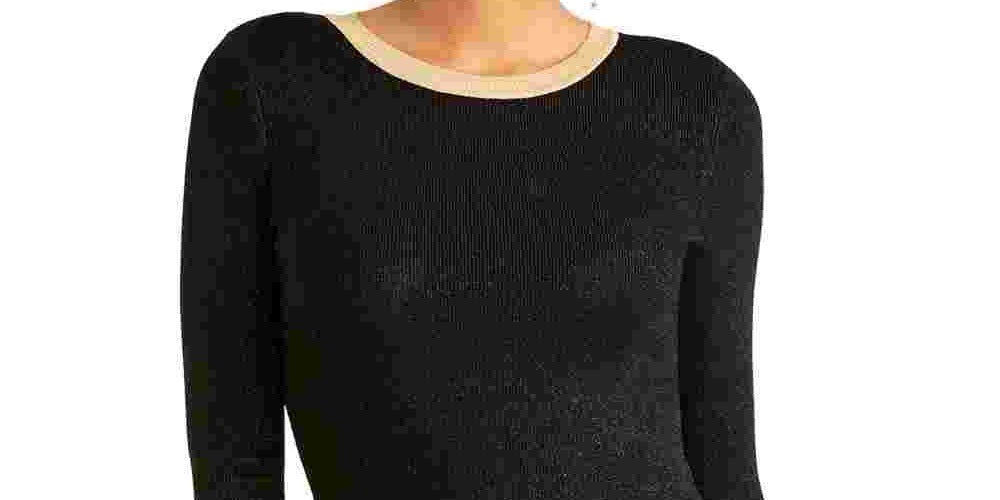 Blusa feminina preta de manga comprida e gola redonda Rachel Roy, tamanho grande