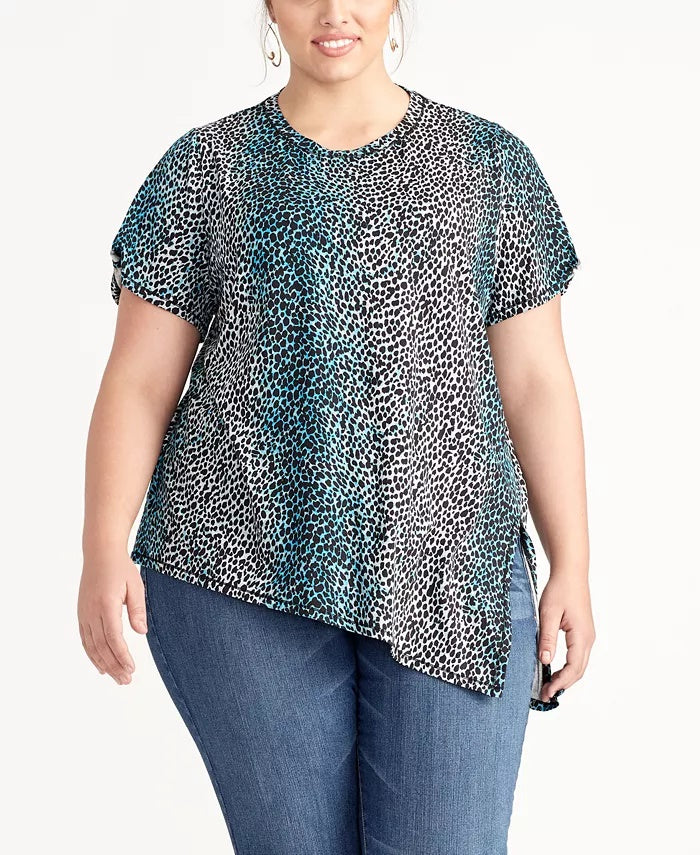 Rachel Roy Top feminino plus size com estampa animal e fenda lateral, azul brilhante, tamanho 0X