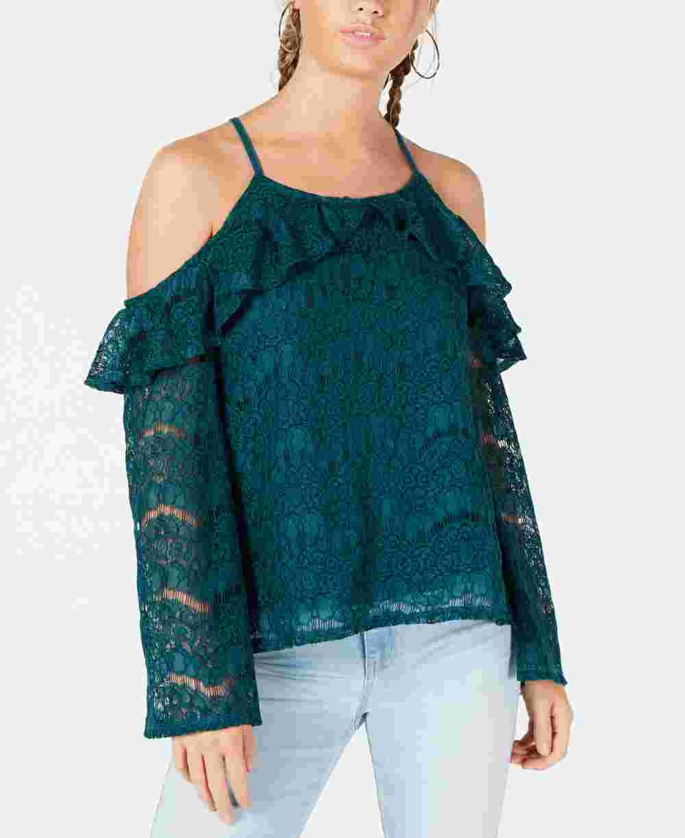 Blusa feminina Ultra Flirt Deep Teal com renda pequena e ombros descobertos, verde, tamanho pequeno
