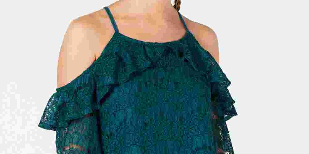 Blusa feminina Ultra Flirt Deep Teal com renda pequena e ombros descobertos, verde, tamanho pequeno