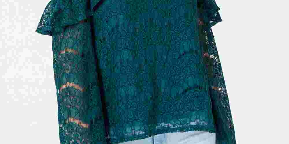 Blusa feminina Ultra Flirt Deep Teal com renda pequena e ombros descobertos, verde, tamanho pequeno