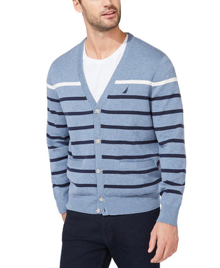 Cardigan listrado com decote em V e botões Nautica masculino, azul, pequeno e médio
