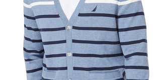 Cardigan listrado com decote em V e botões Nautica masculino, azul, pequeno e médio
