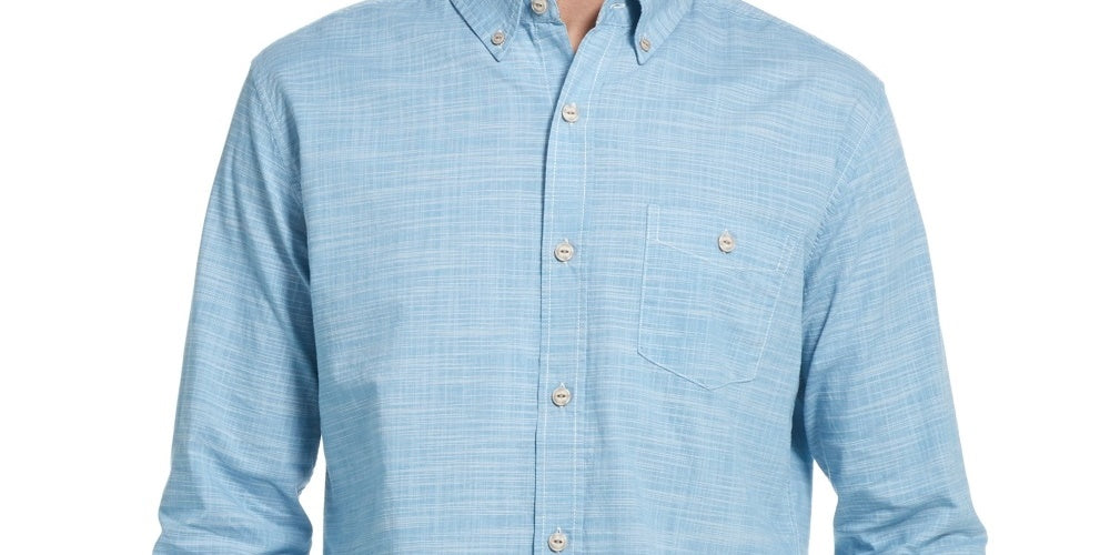 Camisa social masculina vintage à prova de intempéries com gola listrada, azul, tamanho pequeno