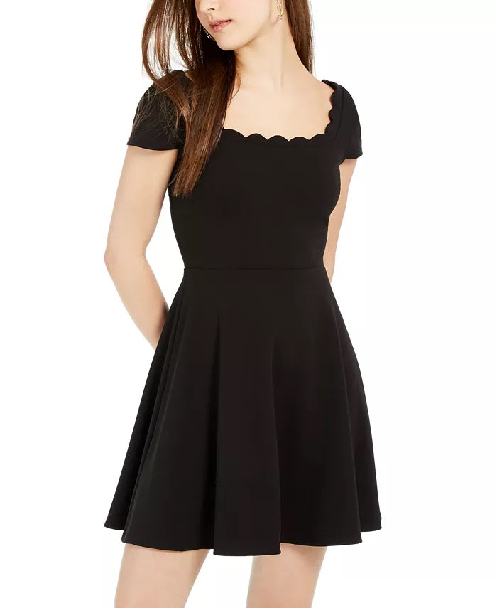 B Darlin Feminino Preto Costas Decote Recortado Manga Curta Gola Quadrada Mini Fit + Vestido de Coquetel Flare Preto 13-14