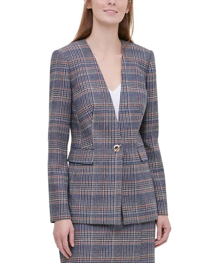 Terno xadrez azul marinho feminino Calvin Klein para usar no trabalho, jaqueta marrom, tamanho 6, pequena