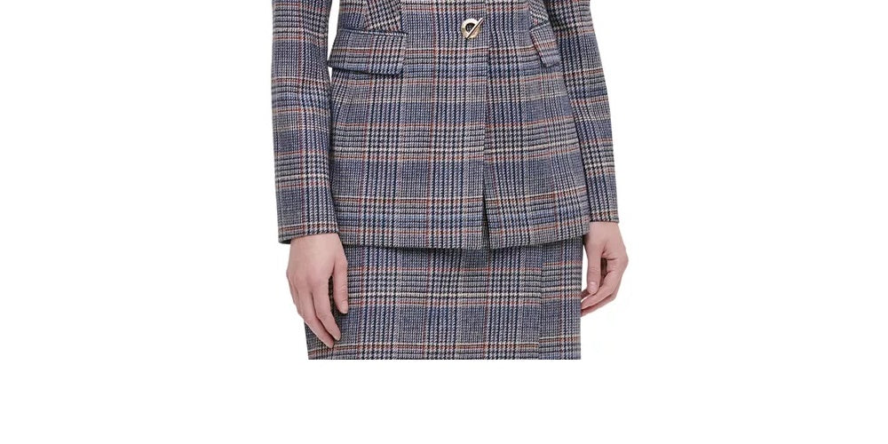 Terno xadrez azul marinho feminino Calvin Klein para usar no trabalho, jaqueta marrom, tamanho 6, pequena