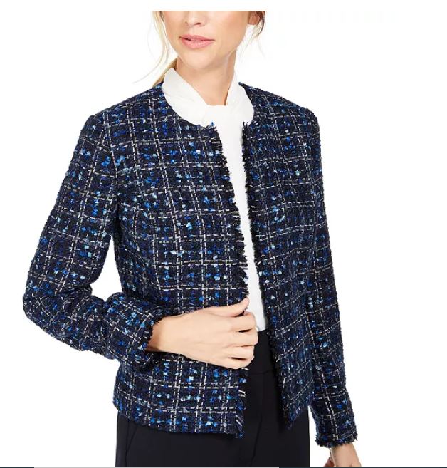 Calvin Klein Jaqueta Feminina Petite Tweed Aberta Frente Azul Tamanho 14 P