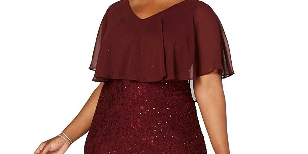 Vestido de festa feminino plus size com sobreposição de renda e lantejoulas, tamanho vinho 14W