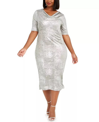 Connected Women's Cowlneck Metallic Midi Dress Silver Size 14W