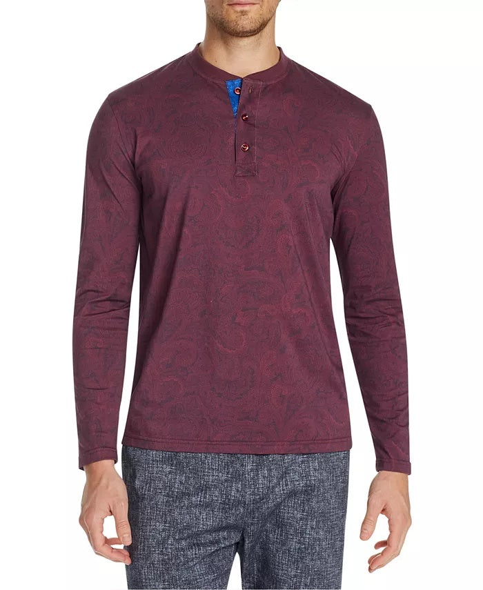 Tallia Masculino Slim Fit Mercerizado Paisley Manga Longa Henley Vermelho Tamanho XX-Grande