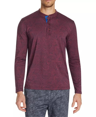 Tallia Masculino Slim Fit Mercerizado Paisley Manga Longa Henley Vermelho Tamanho XX-Grande