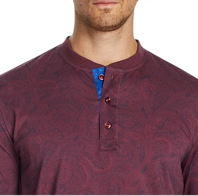 Tallia Masculino Slim Fit Mercerizado Paisley Manga Longa Henley Vermelho Tamanho XX-Grande