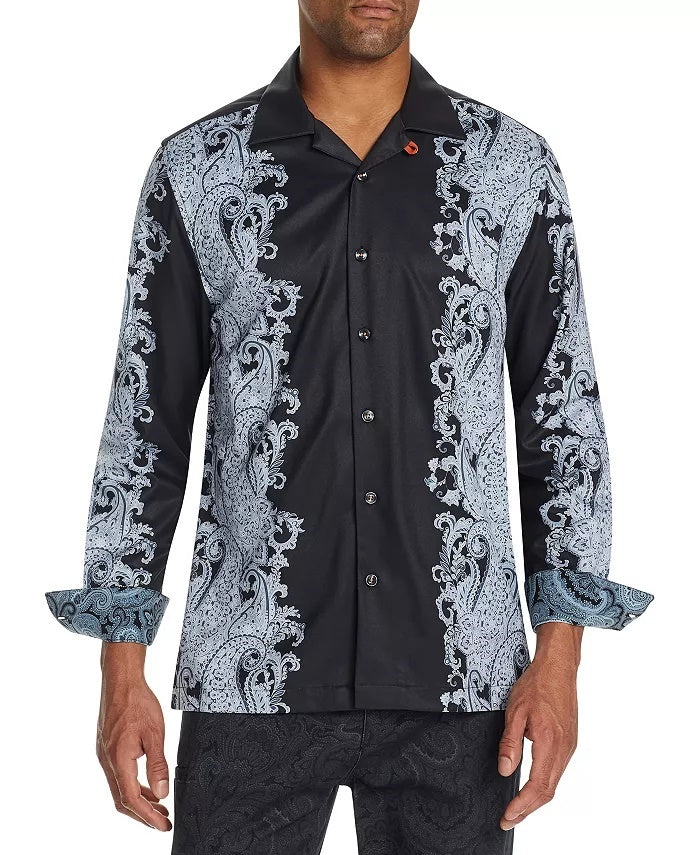 Camisa de acampamento masculina Tallia Slim Fit Performance Stretch Ornate Paisley manga comprida preta tamanho pequeno