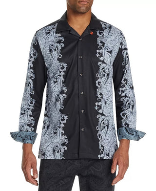 Camisa de acampamento masculina Tallia Slim Fit Performance Stretch Ornate Paisley manga comprida preta tamanho pequeno