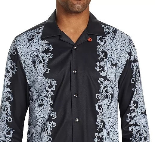 Camisa de acampamento masculina Tallia Slim Fit Performance Stretch Ornate Paisley manga comprida preta tamanho pequeno