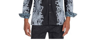 Camisa de acampamento masculina Tallia Slim Fit Performance Stretch Ornate Paisley manga comprida preta tamanho pequeno