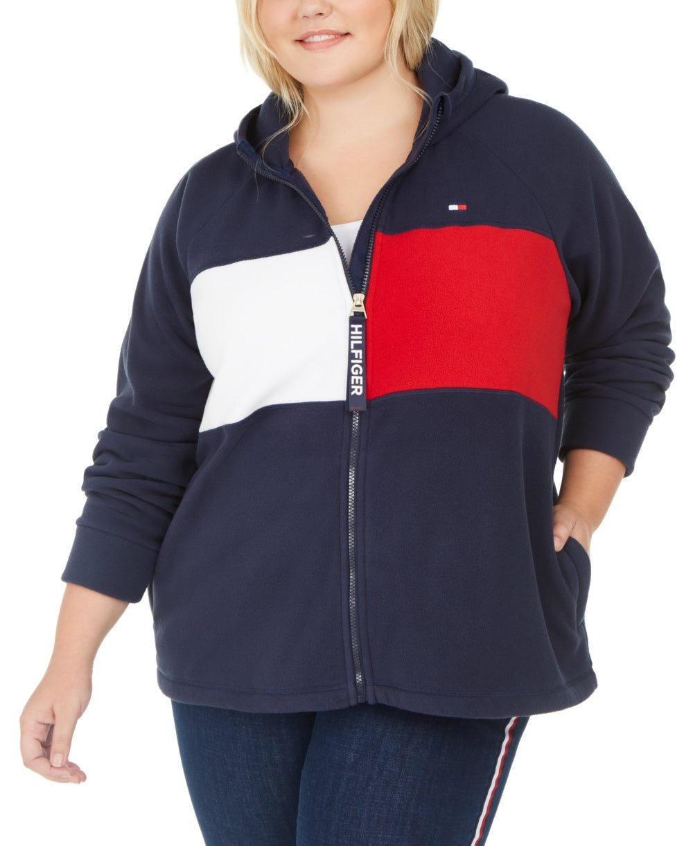 Jaqueta com capuz Tommy Hilfiger Sport Plus Size Colorblocked feminina, azul marinho, tamanho 2X