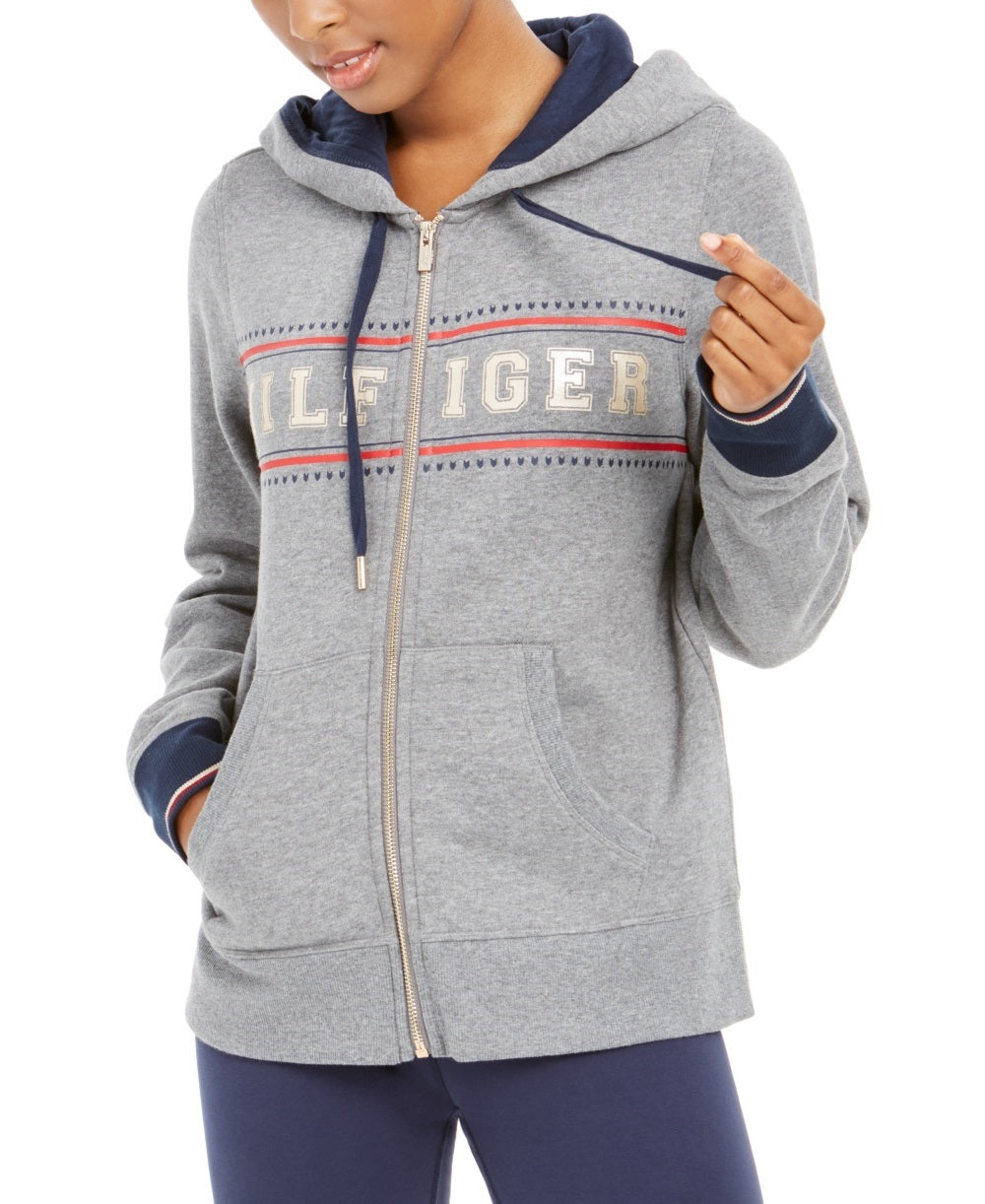 Tommy Hilfiger Sport com capuz e logotipo com zíper feminino, cinza, tamanho pequeno