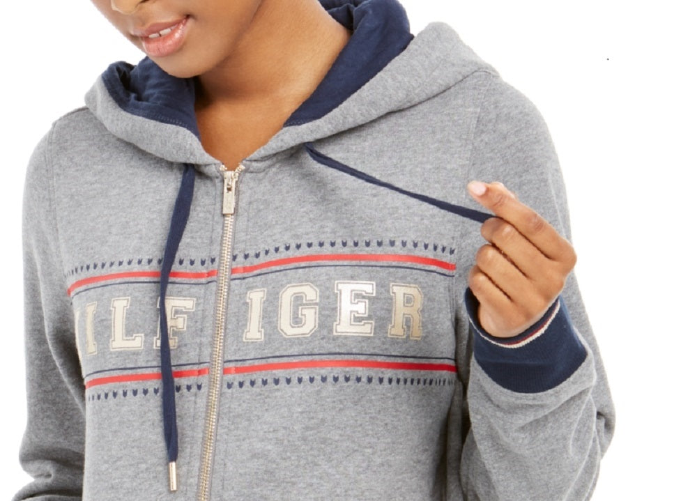 Tommy Hilfiger Sport com capuz e logotipo com zíper feminino, cinza, tamanho pequeno