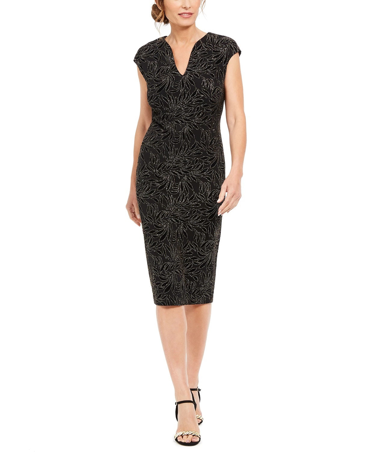 Vestido feminino Connected com manga curta e detalhes embelezados, preto, tamanho 10