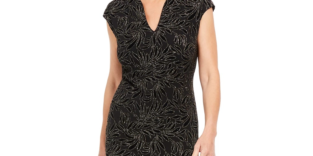 Vestido feminino Connected com manga curta e detalhes embelezados, preto, tamanho 10