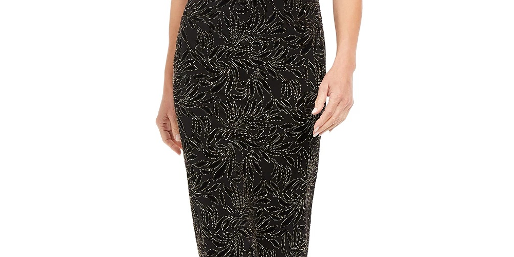Vestido feminino Connected com manga curta e detalhes embelezados, preto, tamanho 10
