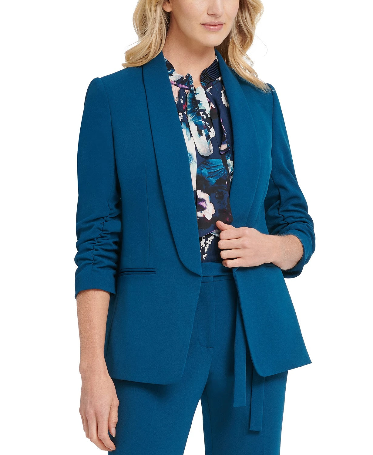 Blazer feminino DKNY com manga franzida e frente aberta, azul, tamanho 16