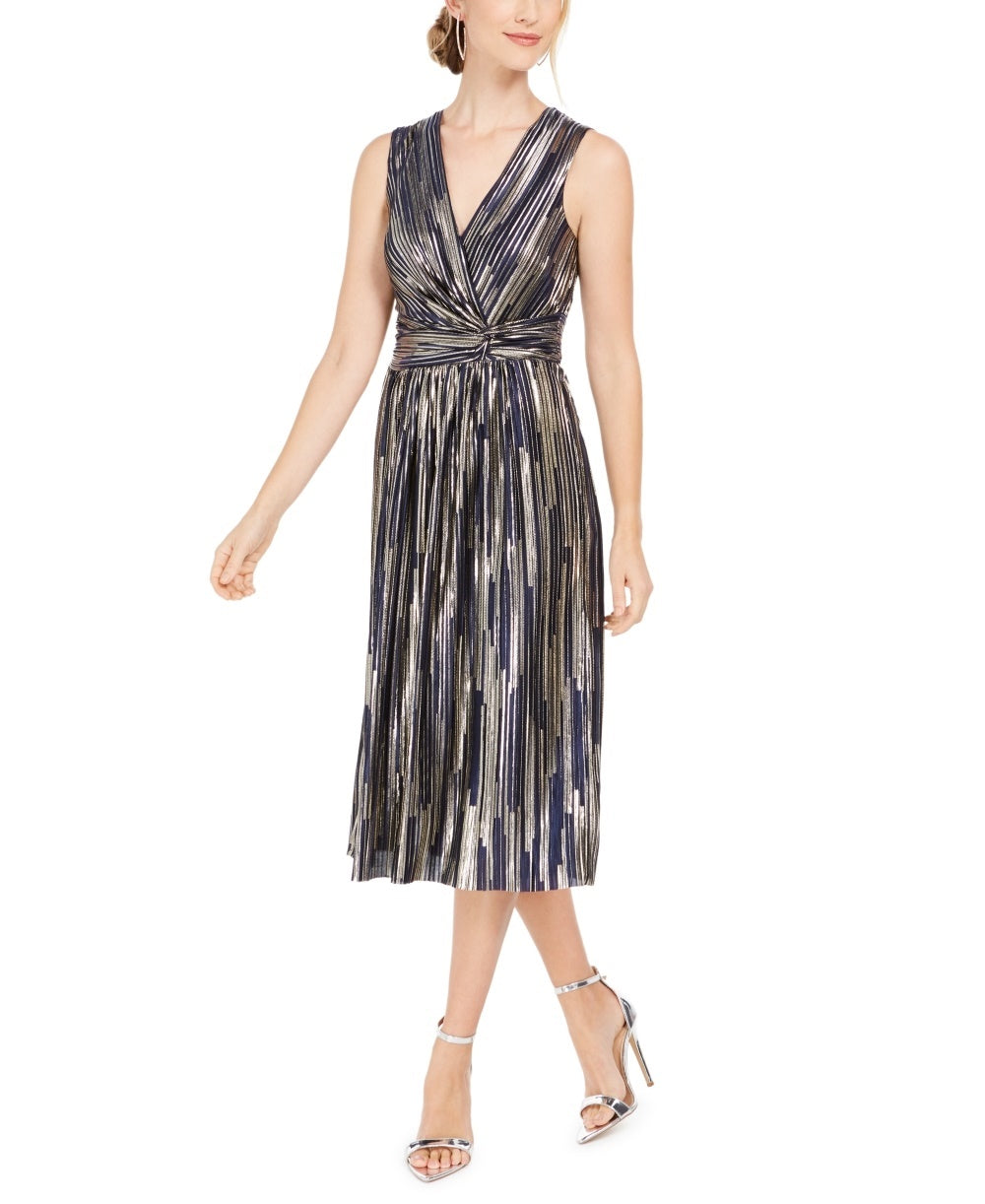 Vestido feminino Vince Camuto sem mangas com pregas metálicas, azul, tamanho 10