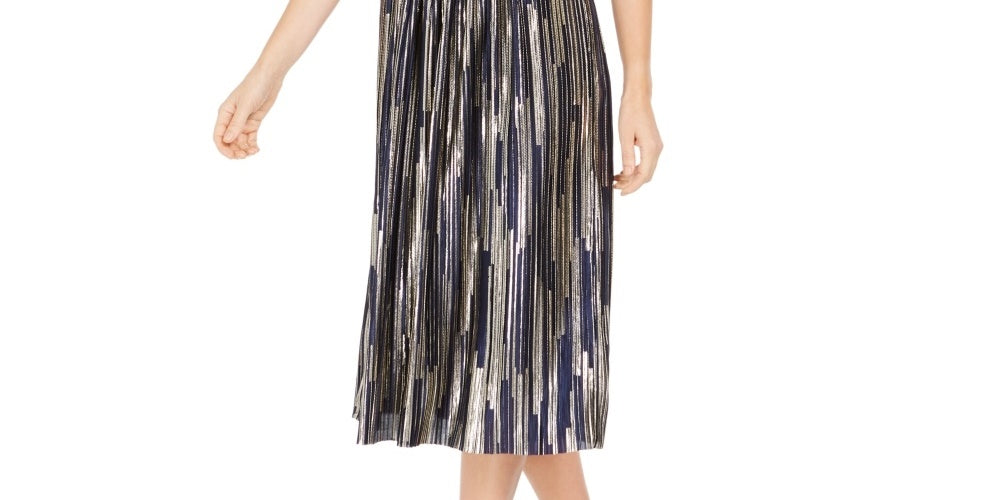 Vestido feminino Vince Camuto sem mangas com pregas metálicas, azul, tamanho 10