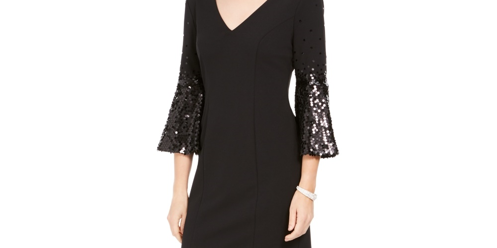 Vestido de coquetel feminino Vince Camuto com lantejoulas e manga flare, preto, tamanho 14