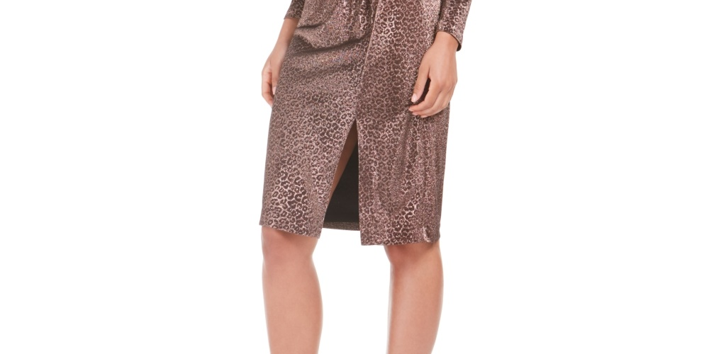 Vestido elástico com estampa animal metálica Vince Camuto feminino, marrom, tamanho 4