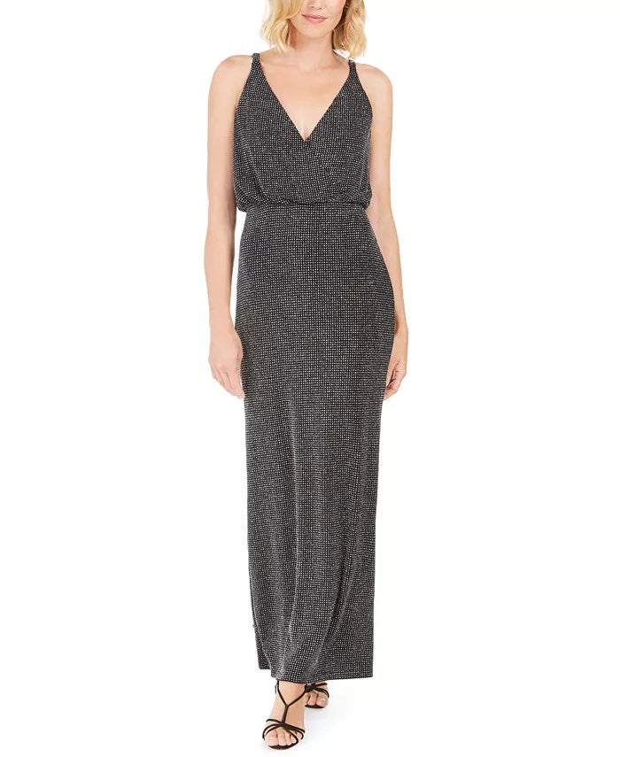 Vestido de noite feminino Vince Camuto com glitter, zíper, alças finas, decote em V, comprimento total, preto, tamanho 8