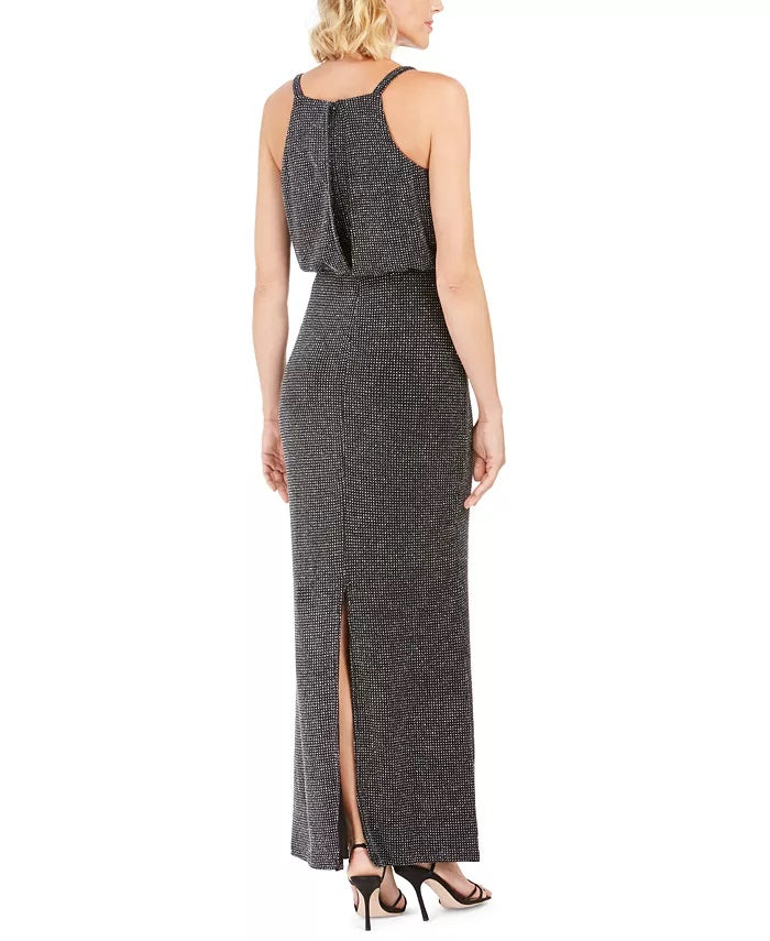 Vestido de noite feminino Vince Camuto com glitter, zíper, alças finas, decote em V, comprimento total, preto, tamanho 8