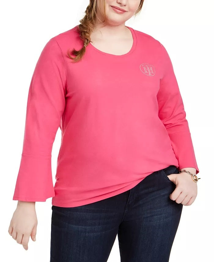 Tommy Hilfiger Top Feminino com Manga Sino e Estampa Rosa Tamanho 1X
