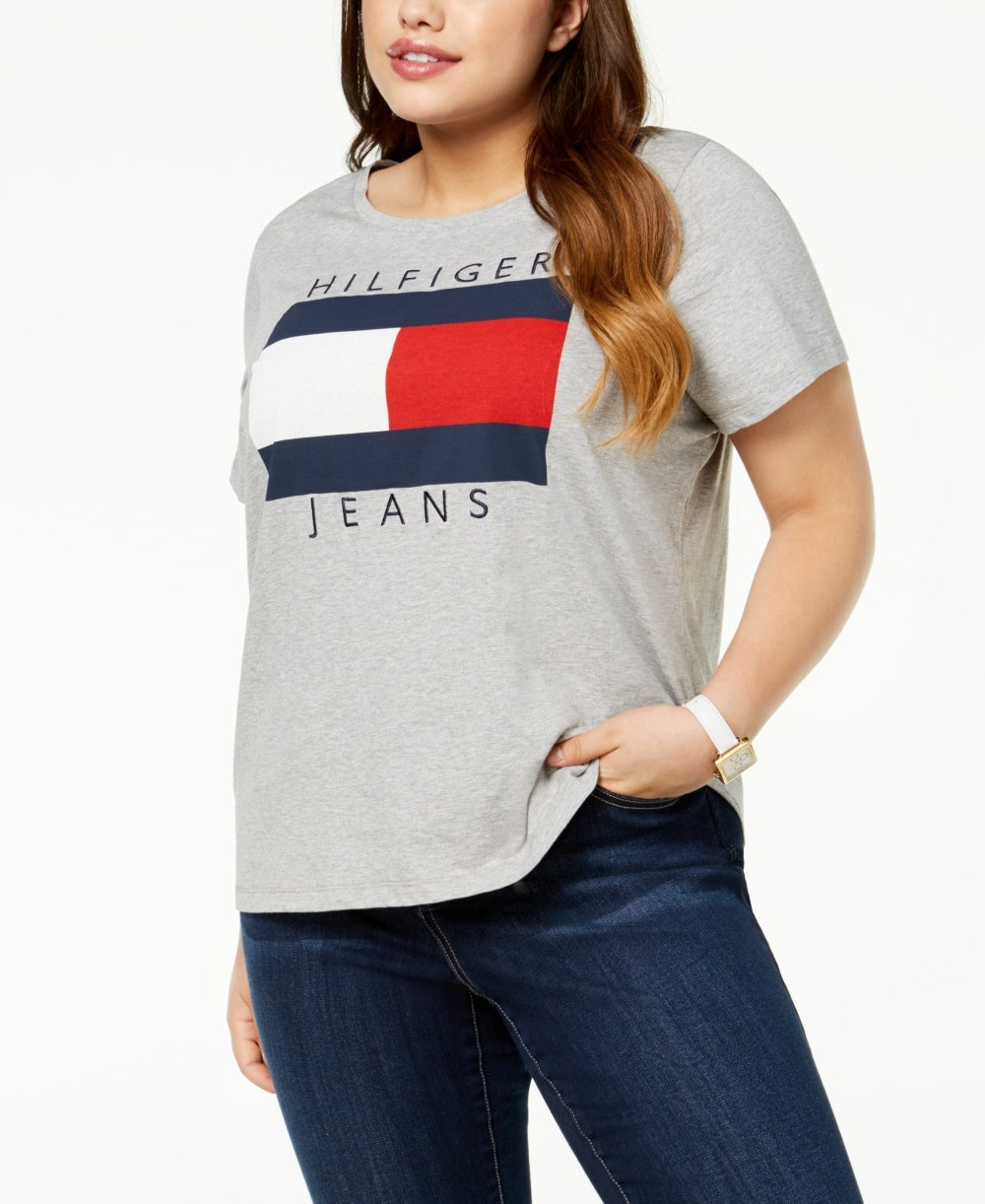 Camiseta Tommy Hilfiger Feminina de Algodão com Logotipo Cinza Tamanho 2X