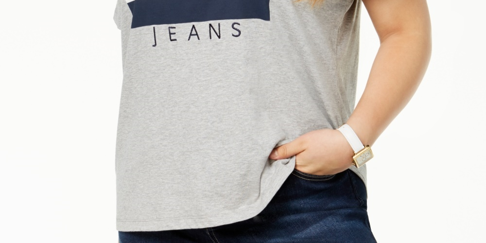 Camiseta Tommy Hilfiger Feminina de Algodão com Logotipo Cinza Tamanho 2X
