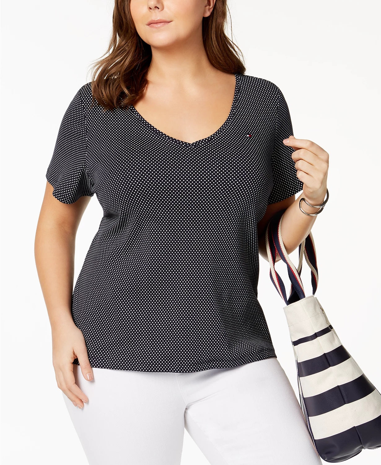 Camiseta Tommy Hilfiger Plus Size Feminina de Algodão com Bolinhas e Gola V Azul Tamanho 1X