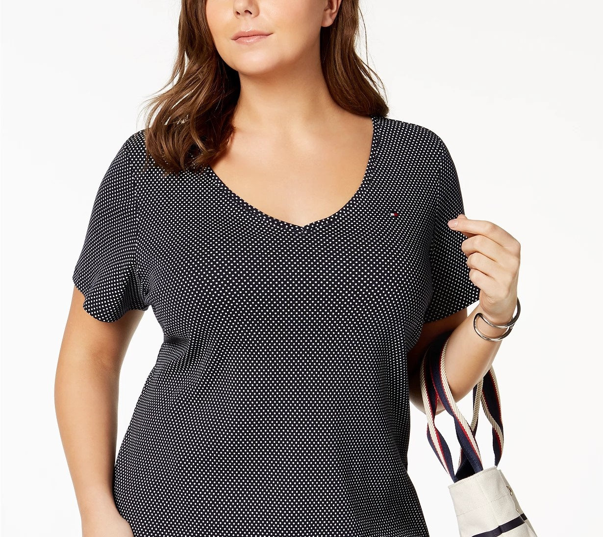 Camiseta Tommy Hilfiger Plus Size Feminina de Algodão com Bolinhas e Gola V Azul Tamanho 1X