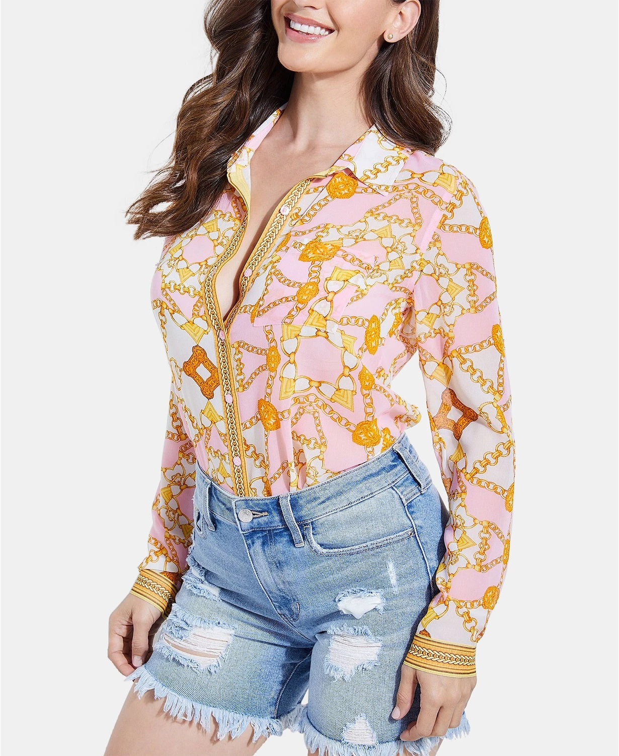 Camisa feminina Guess Madyson estampada manga comprida rosa tamanho médio