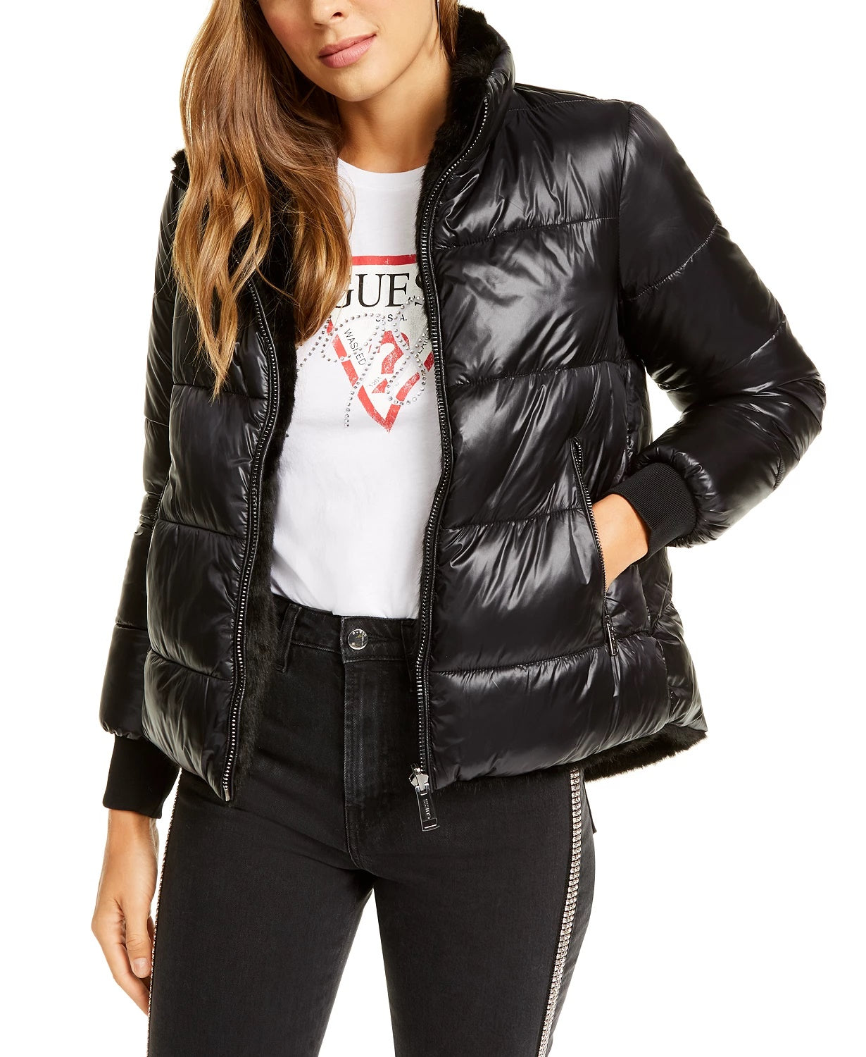 Guess Feminino Felicia Reversível Faux-Faux Puffer Coat Preto Tamanho X-S