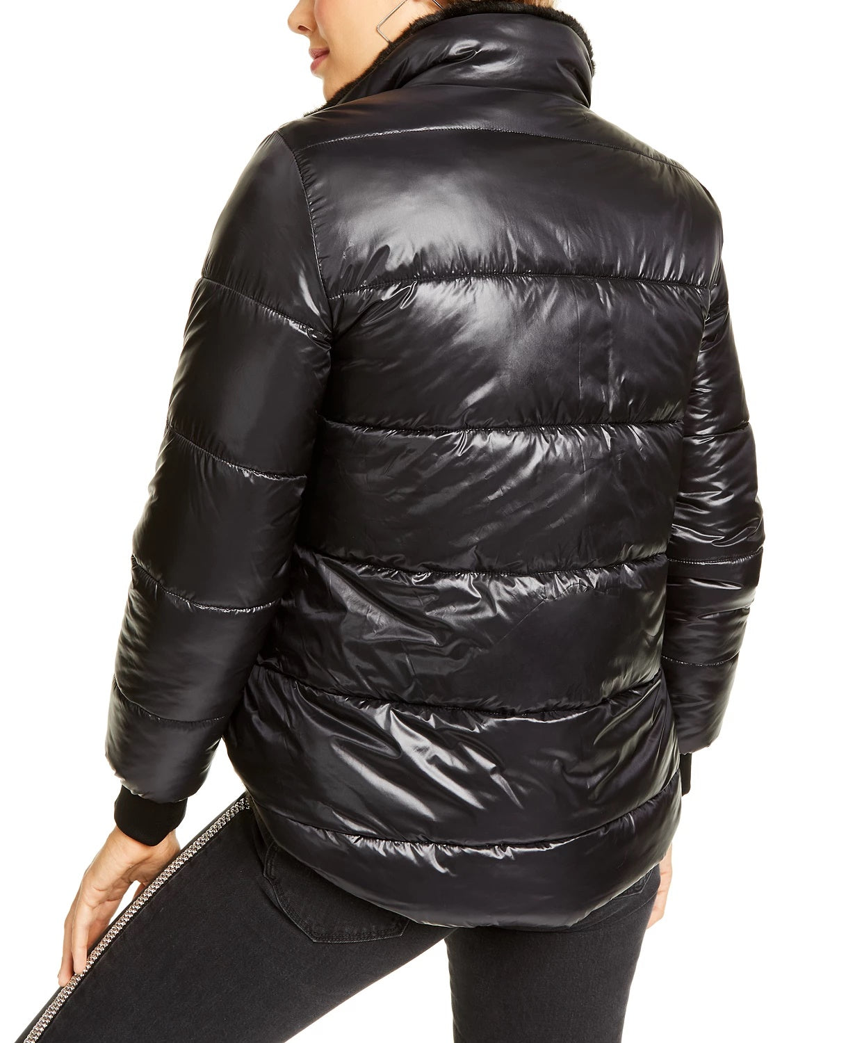 Guess Feminino Felicia Reversível Faux-Faux Puffer Coat Preto Tamanho X-S