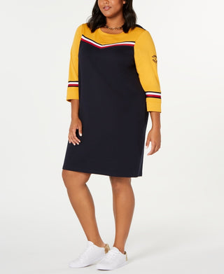 Vestido moletom feminino Tommy Hilfiger plus size com listras de algodão, amarelo, tamanho 1X