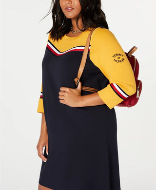 Vestido moletom feminino Tommy Hilfiger plus size com listras de algodão, amarelo, tamanho 1X