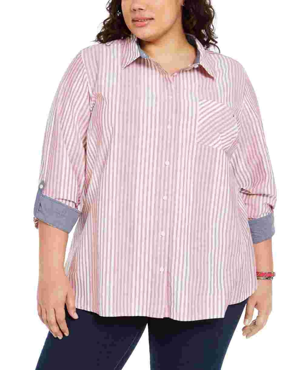 Camisa listrada de algodão feminina Tommy Hilfiger vermelha tamanho 2X
