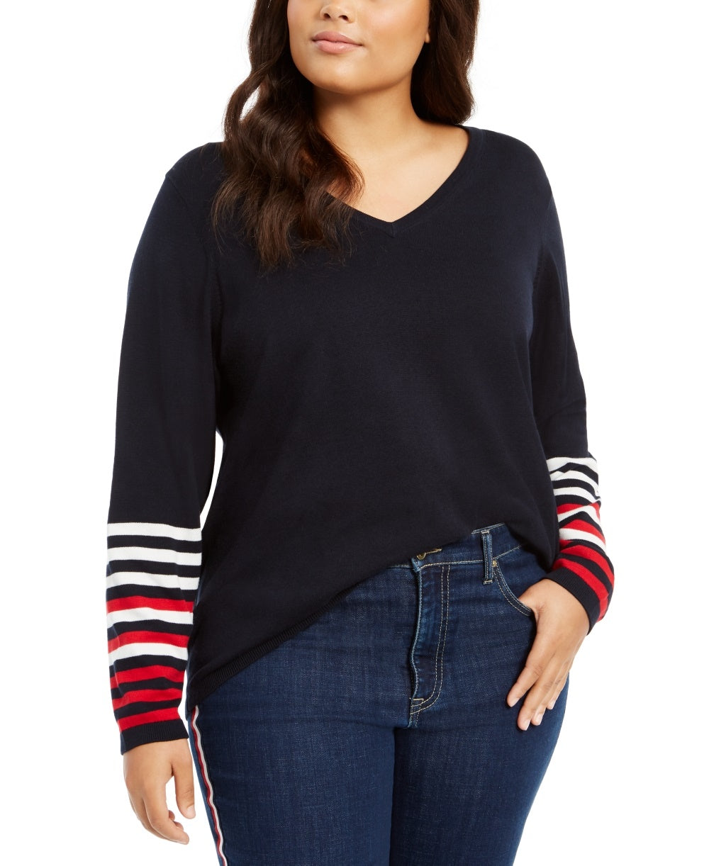 Suéter feminino Tommy Hilfiger Plus Size Ivy com manga listrada, azul, tamanho 0X