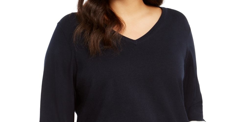 Suéter feminino Tommy Hilfiger Plus Size Ivy com manga listrada, azul, tamanho 0X