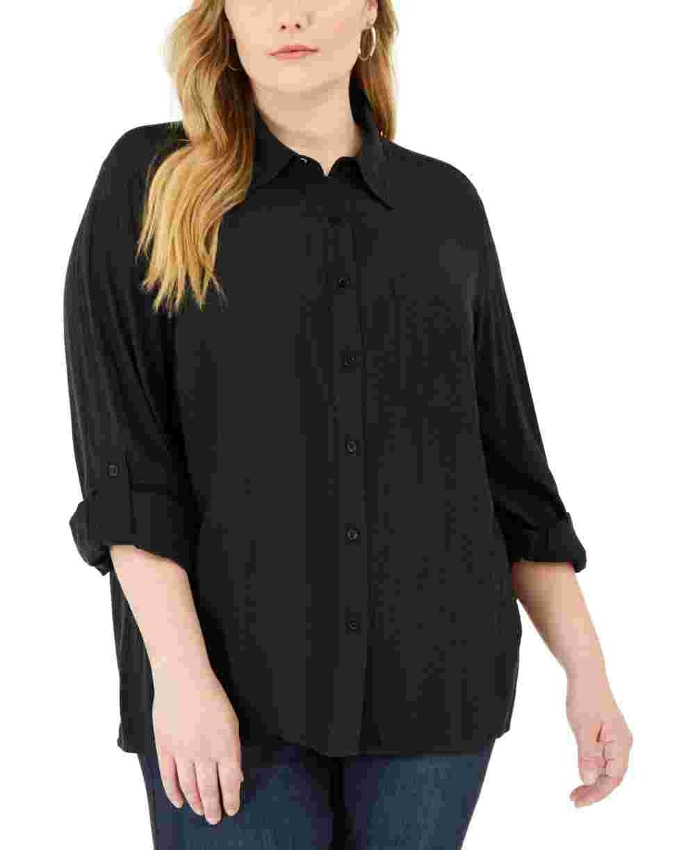 Blusa feminina Michael Kors Plus Swiss Dot com botões, preta, tamanho 1X