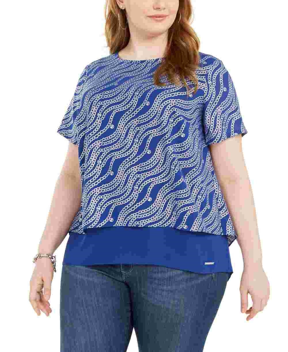 Blusa feminina plus size Michael Kors com estampa e costas abertas, azul, tamanho 3X