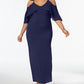 Vestido longo plus size de chiffon com ombros descobertos, azul marinho, tamanho 2X, da coleção NY para mulheres